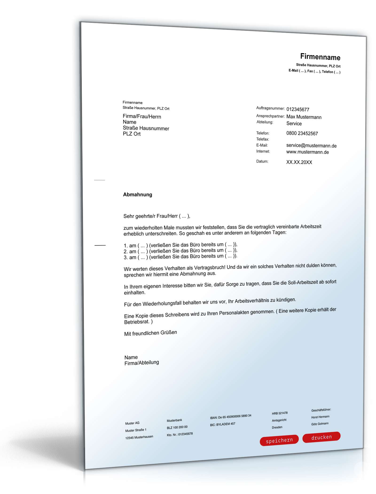 Abmahnung wegen Unterschreitens der Arbeitszeit PDF