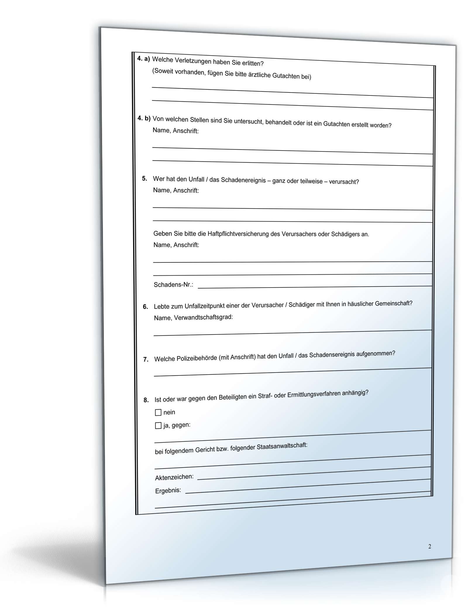Unfallfragebogen SGB II Bürgergeld PDF. Seite: 2