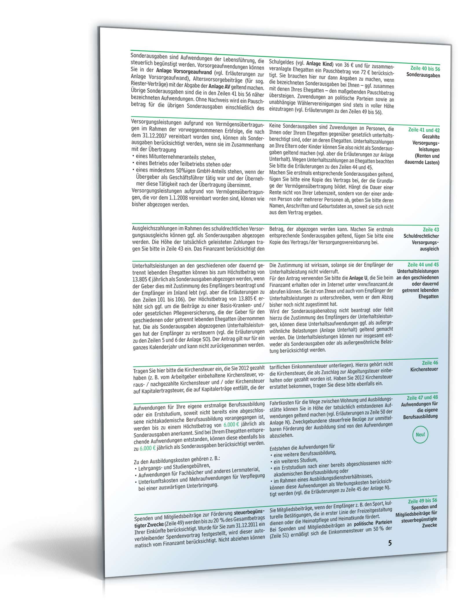 Anleitung zum ausfüllen der Einkommensteuererklärung 2012 PDF. Seite: 5