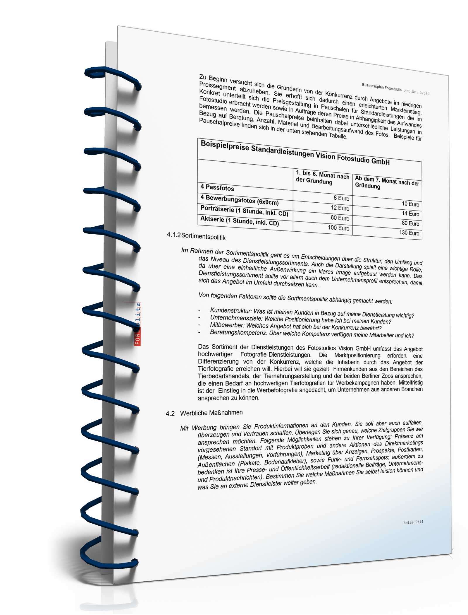 Businessplan Fotograf Excel. Seite: 11