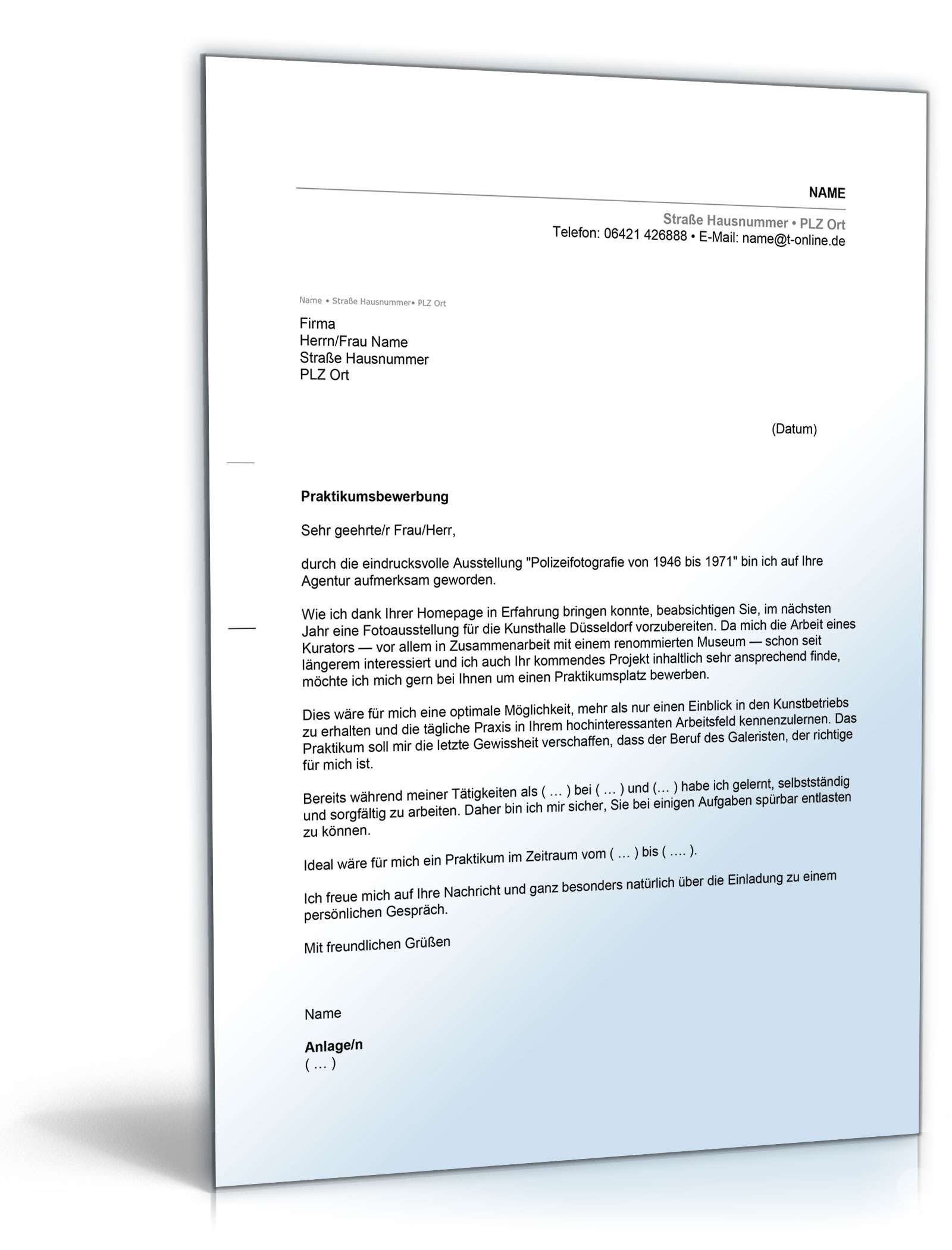 Anschreiben Bewerbung Praktikum  Excel