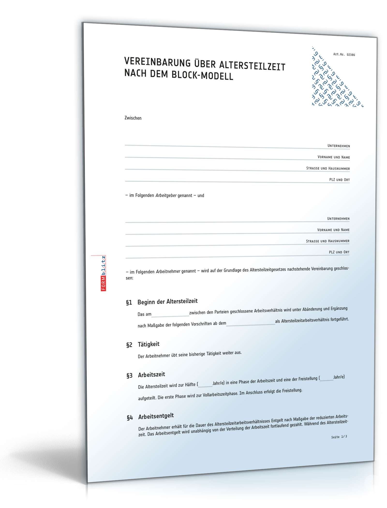Vereinbarung über Altersteilzeit nach dem Block-Modell PDF