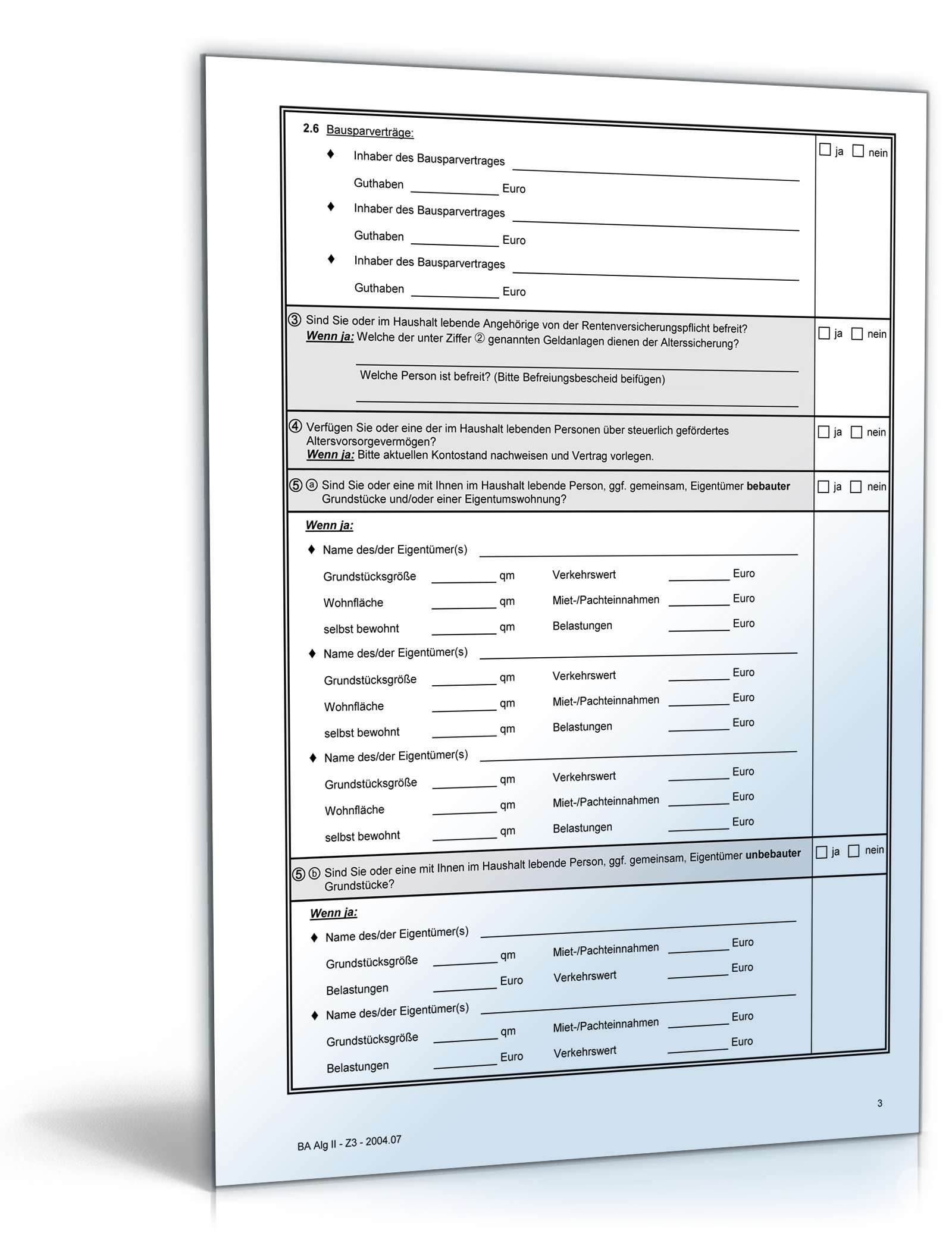 Angaben zur Feststellung der Vermögensverhältnisse für Antrag auf Bürgergeld PDF. Seite: 2