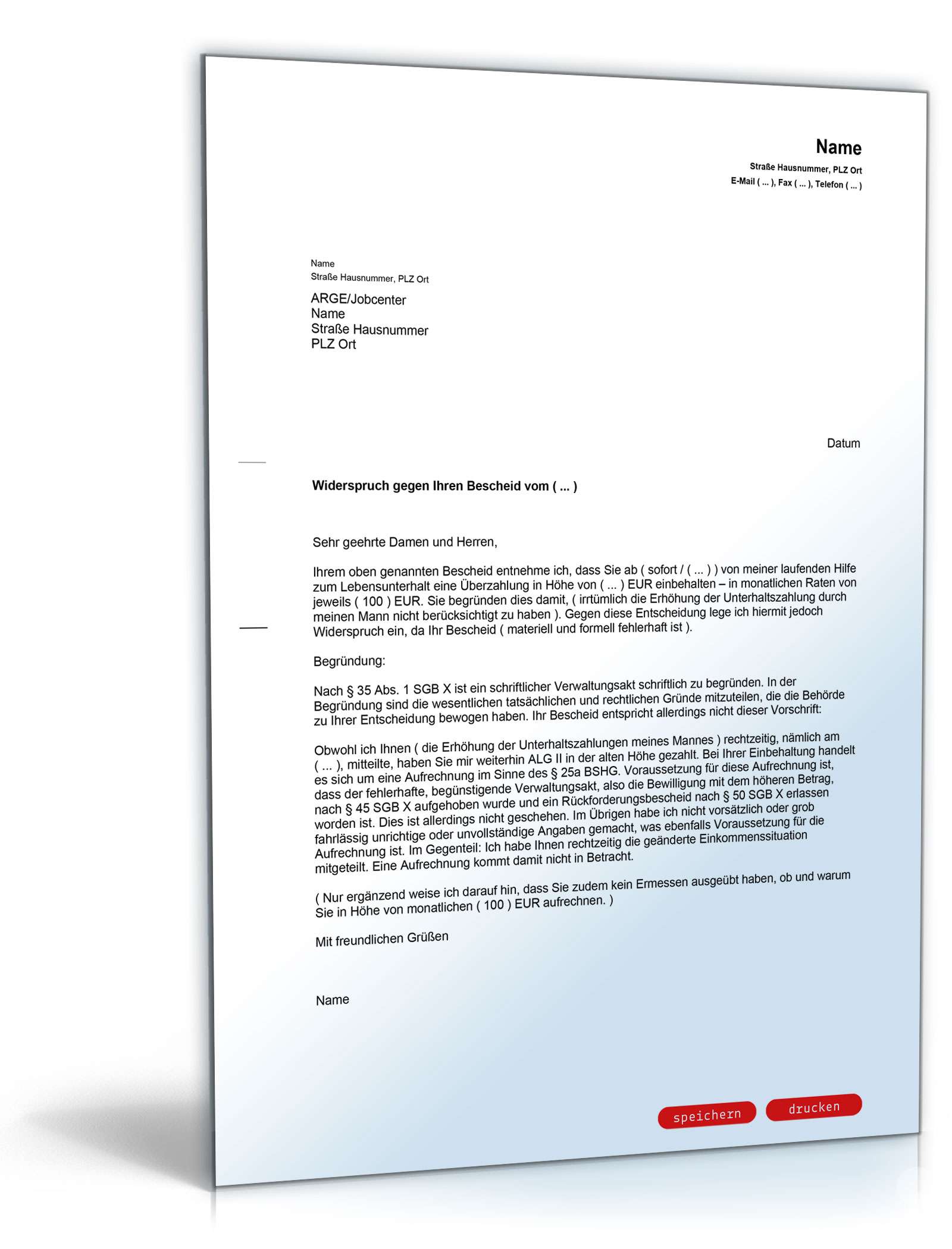 Widerspruch Überzahlung Bürgergeld Word
