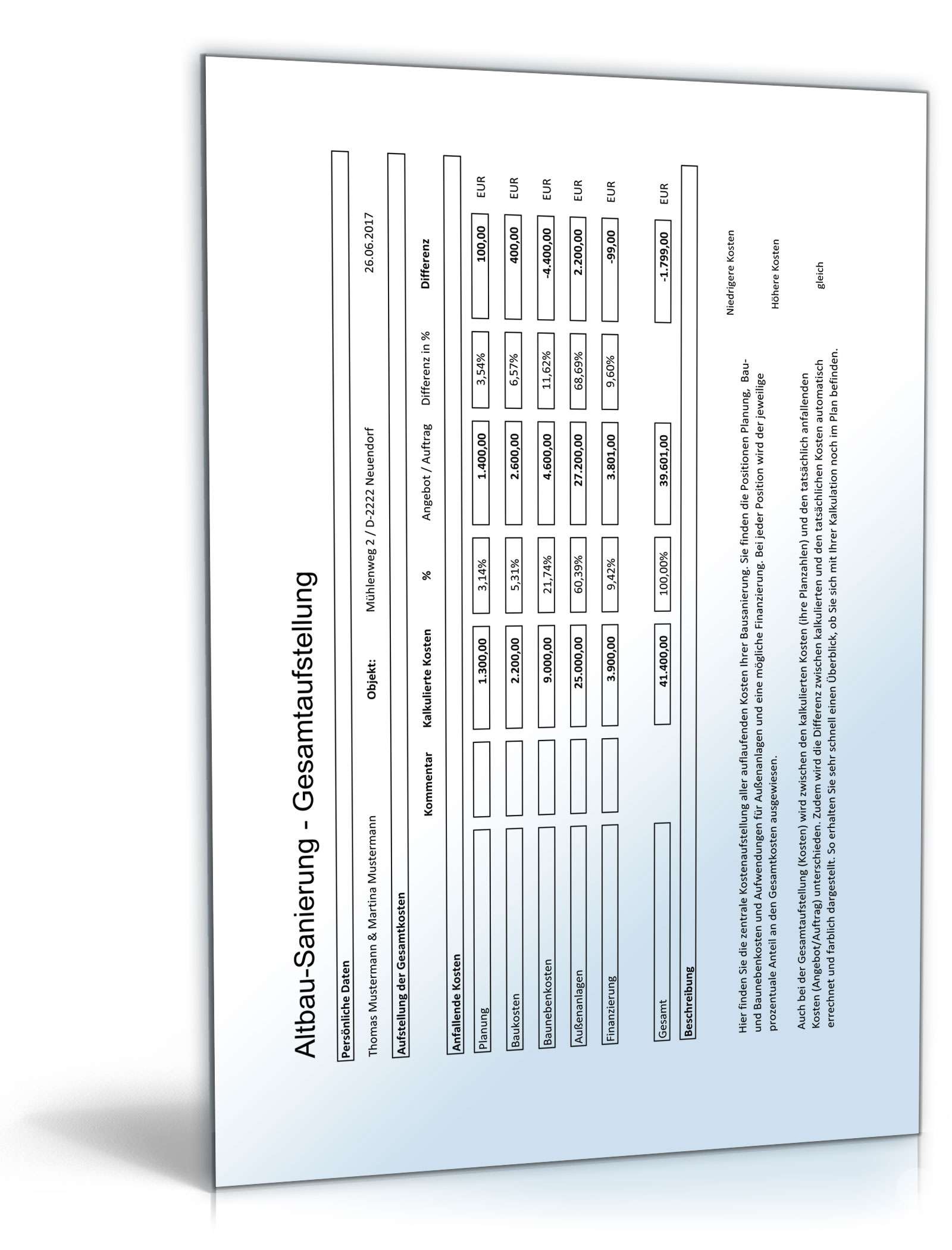 Kostenkalkulation Altbau-Sanierung Excel
