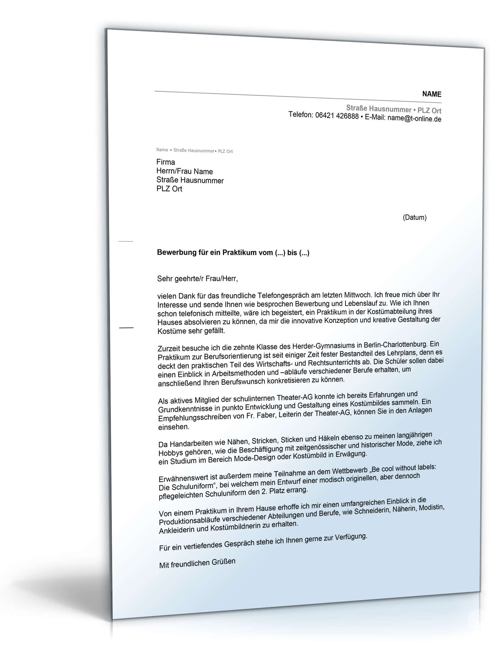 Anschreiben Bewerbung Praktikum Schüler Excel