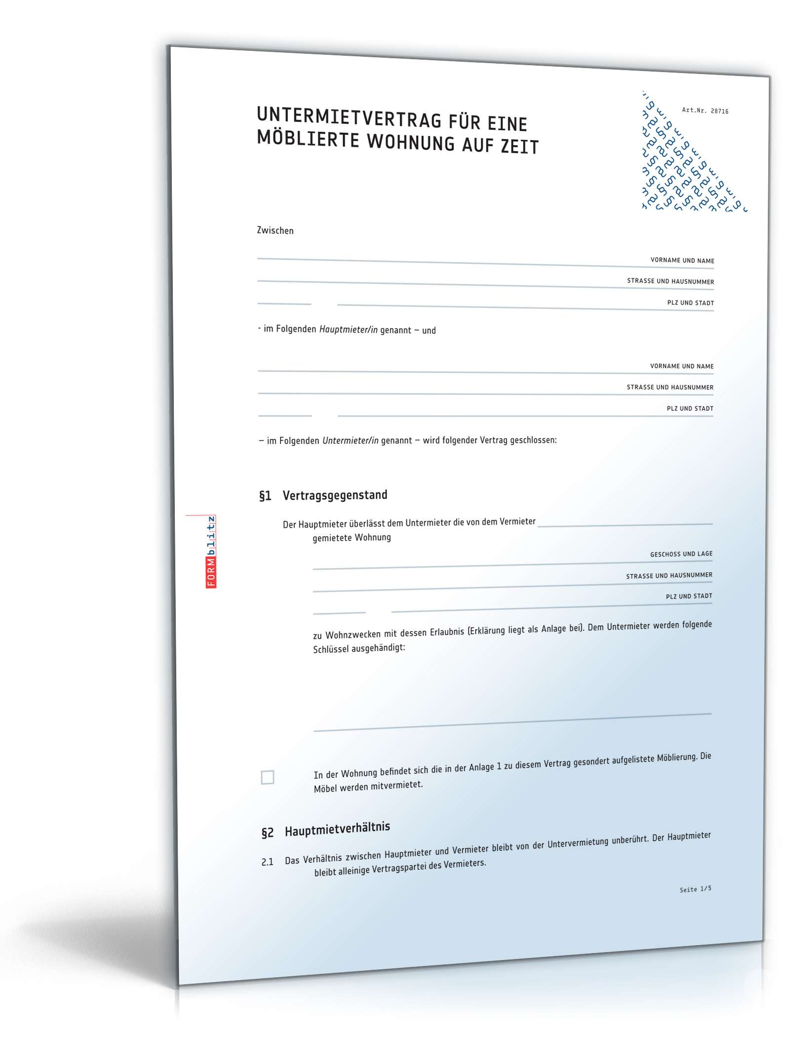Befristeter Untermietvertrag möblierte Wohnung PDF