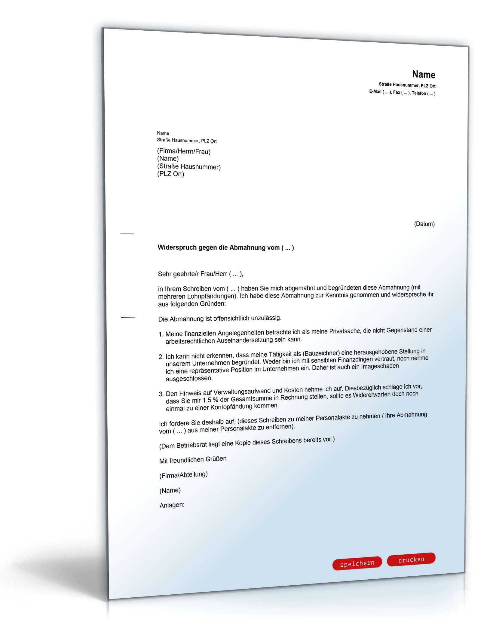 Gegendarstellung Abmahnung wiederholte Lohnpfändungen PDF