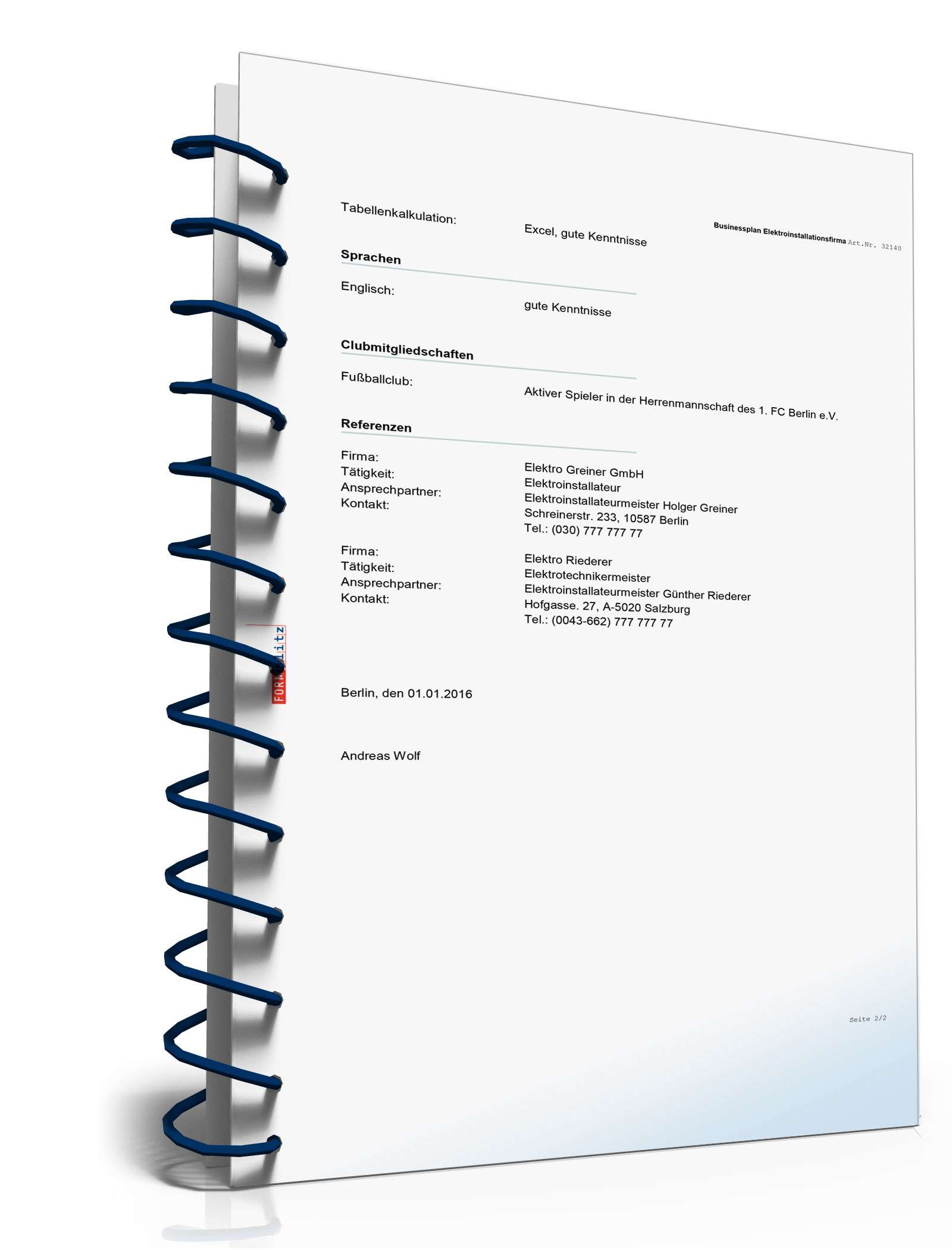 Businessplan Elektroinstallationsbetrieb Excel. Seite: 15