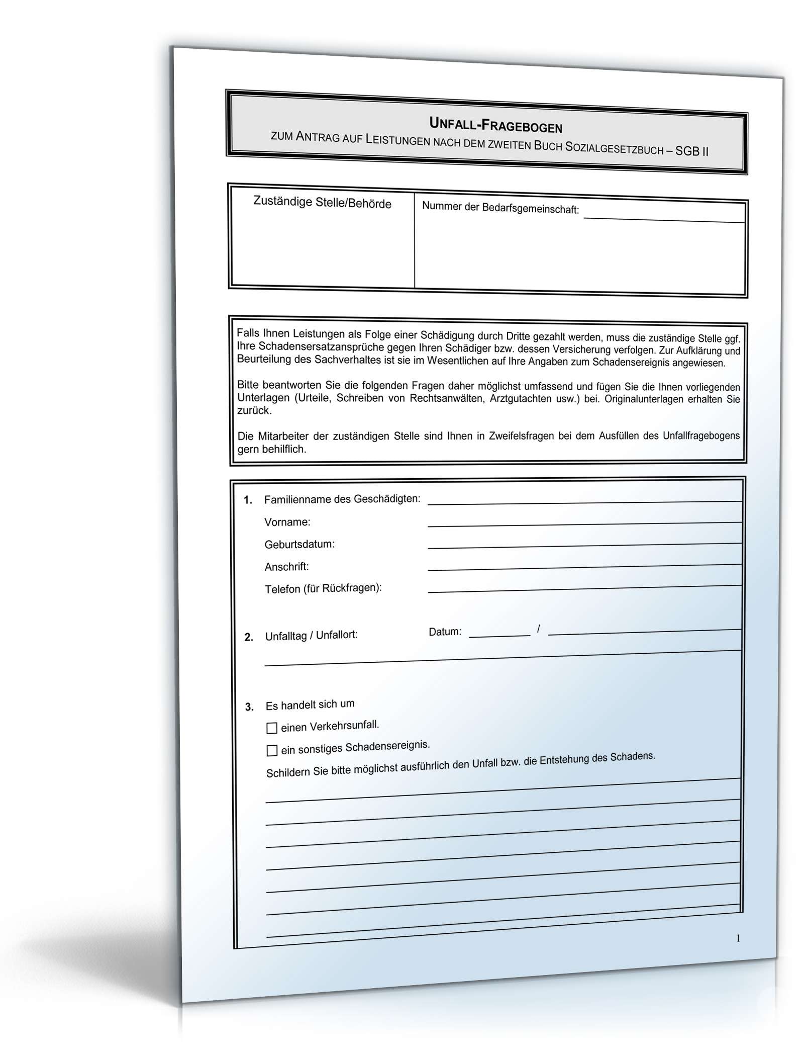 Unfallfragebogen SGB II Bürgergeld PDF