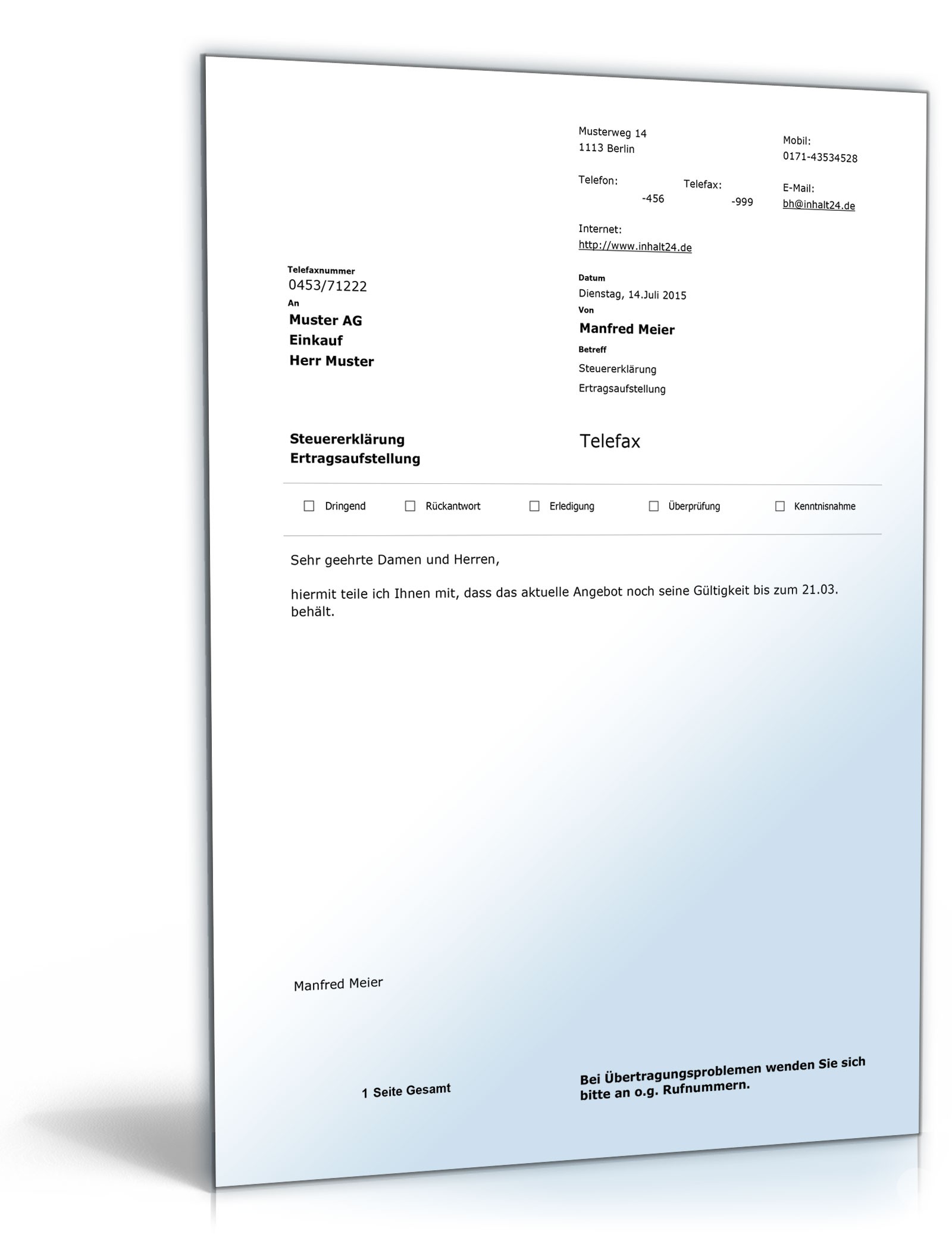 Die genial einfache Faxvorlage unter Excel Excel. Seite: 2