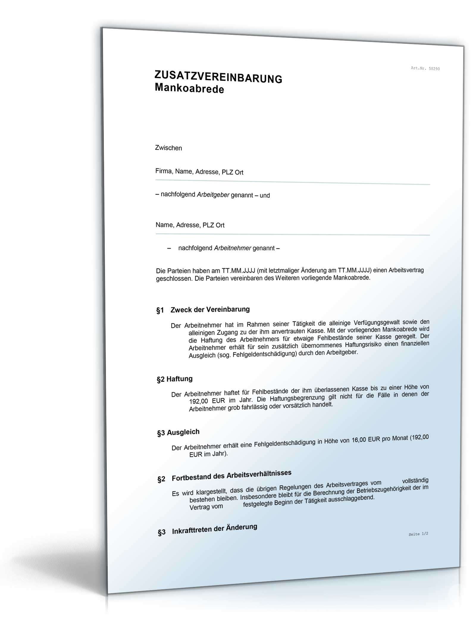Zusatzvereinbarung Mankoabrede Word. Seite: 2