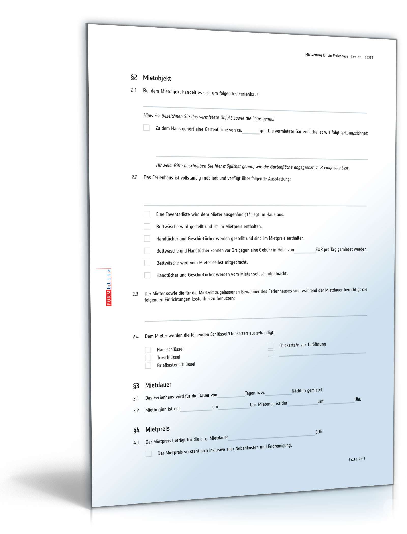 Mietvertrag Ferienhaus PDF. Seite: 2