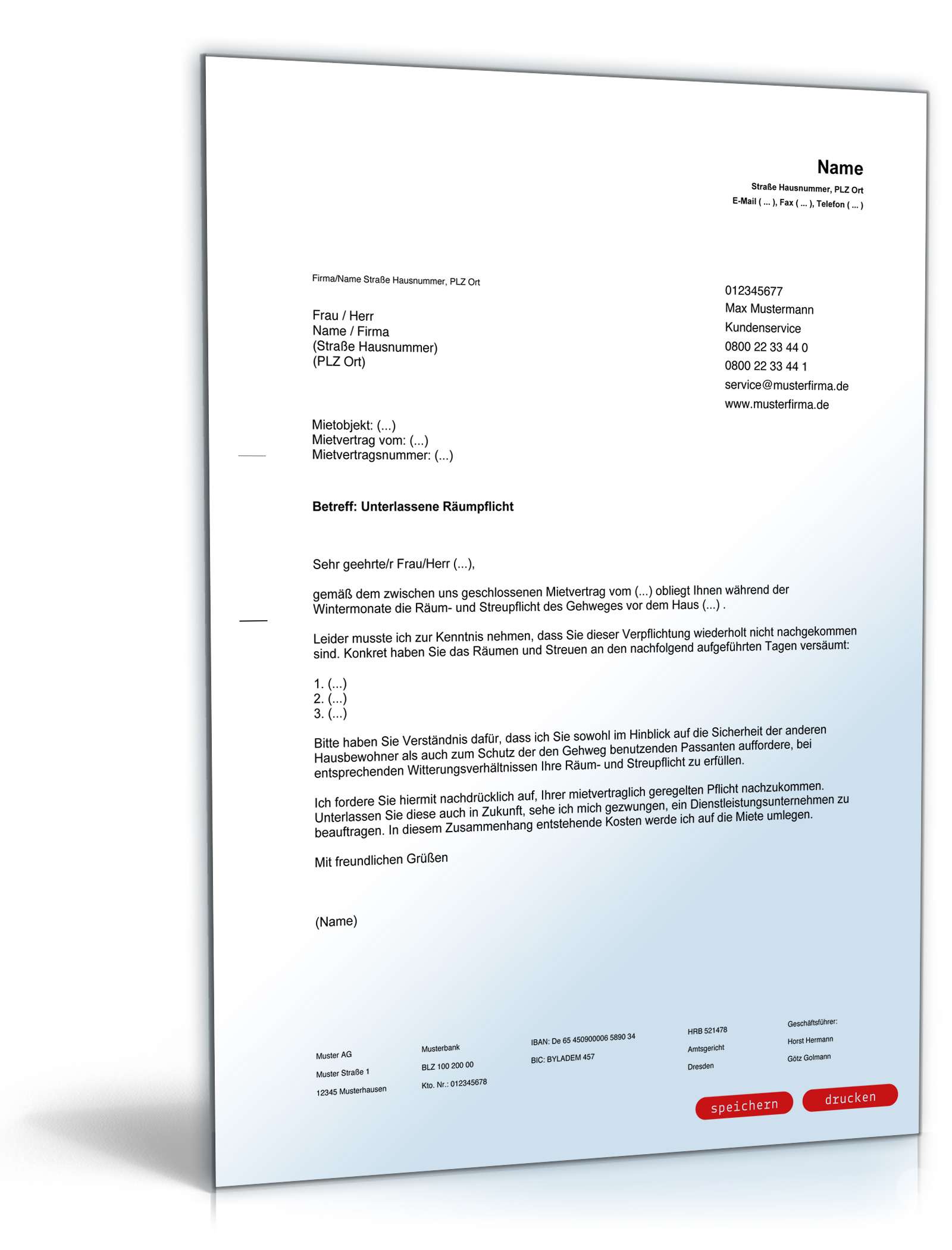 Abmahnung Mieter unterlassene Räum-/Streupflicht PDF