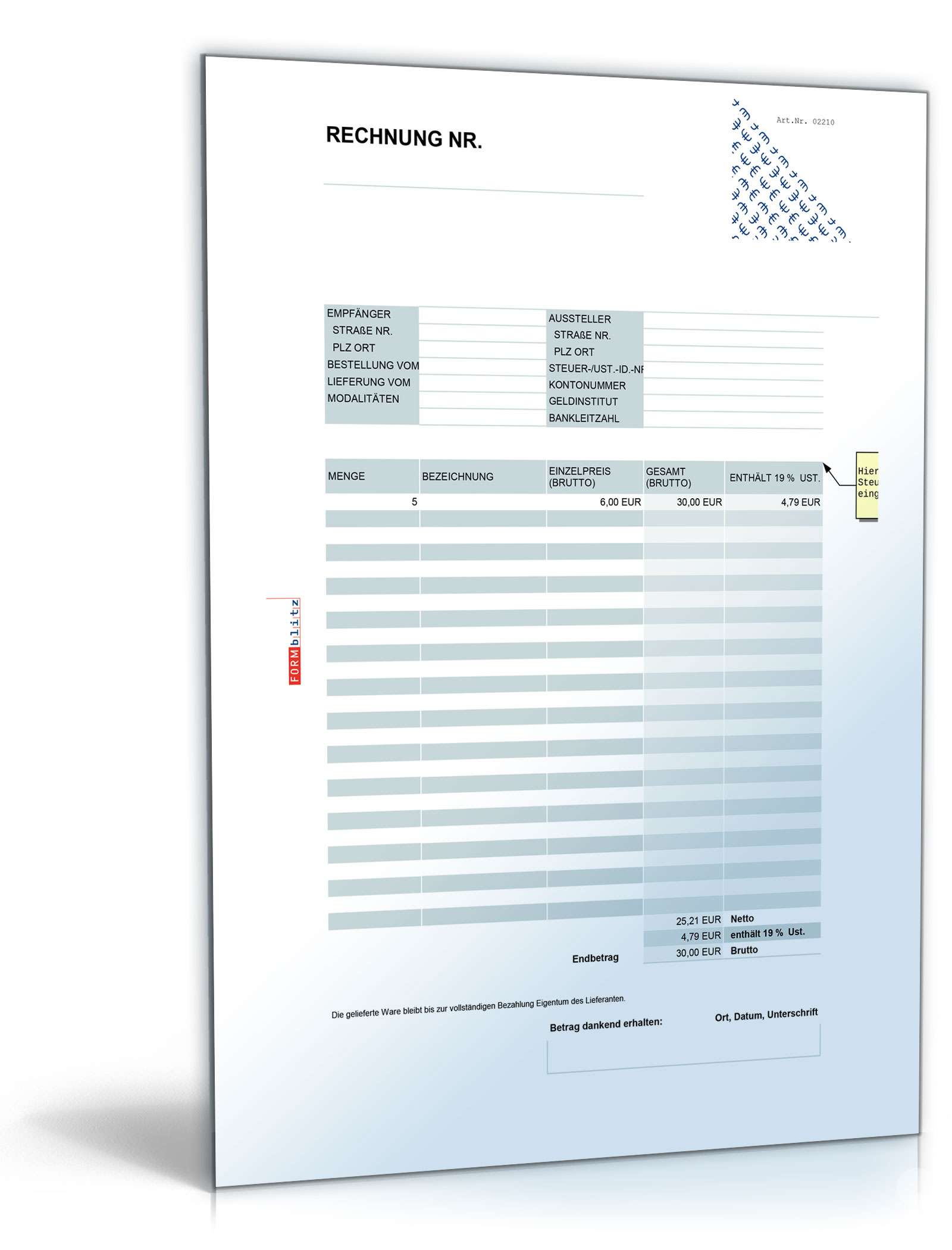 Rechnung brutto mit einheitlicher Umsatzsteuer Excel