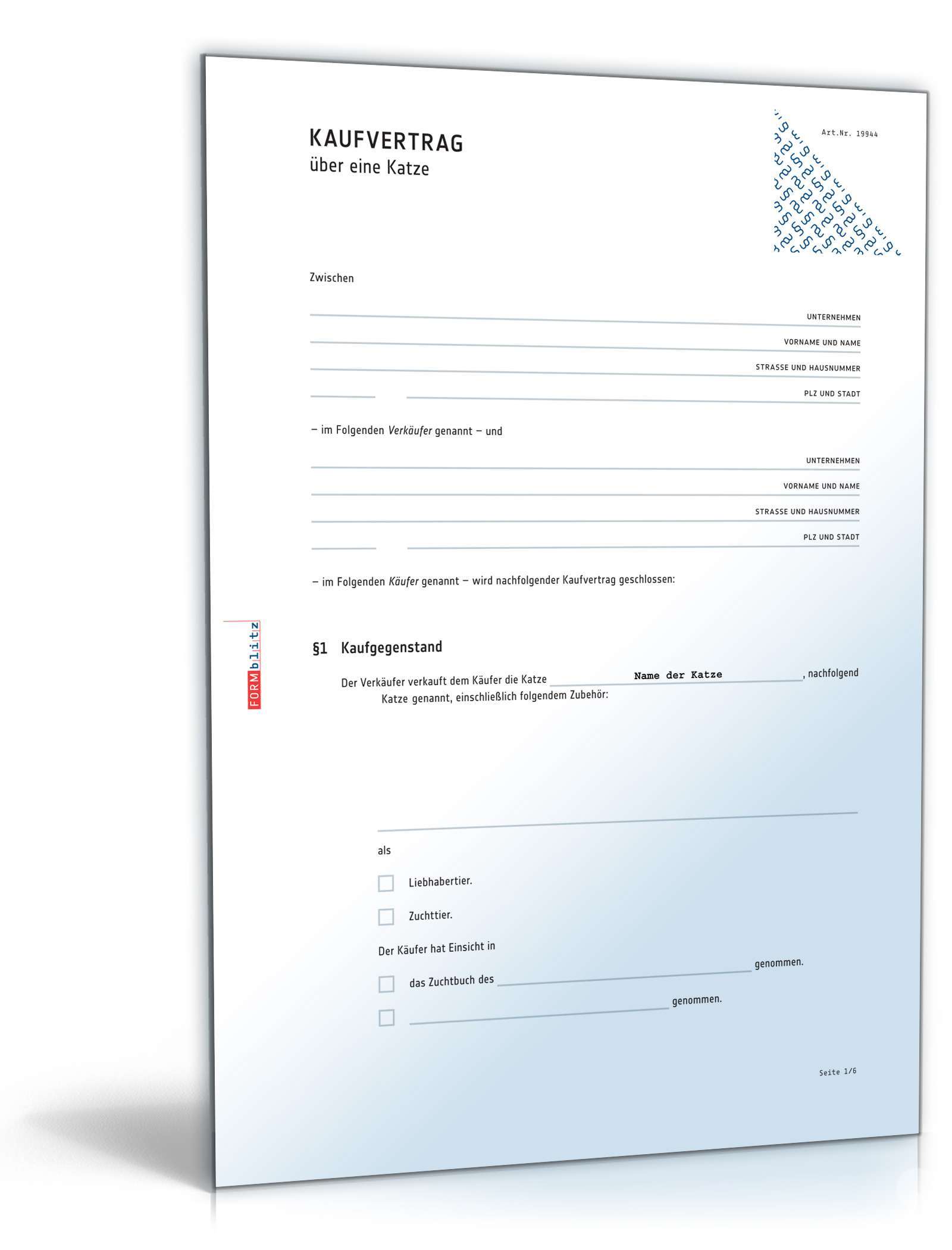Kaufvertrag Katze PDF
