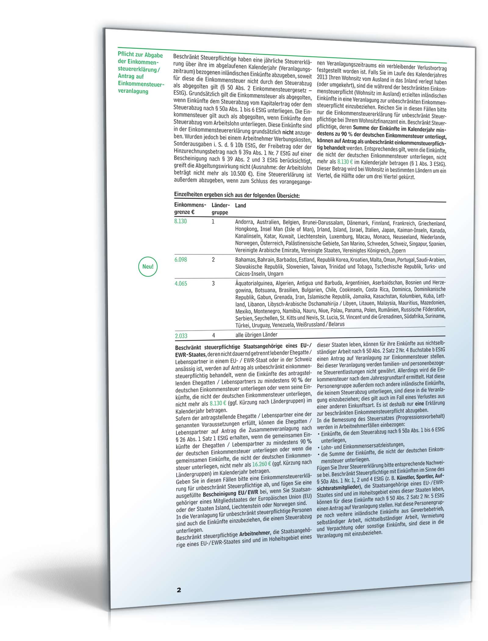 Anleitung zur Einkommensteuererklärung 2013 für beschränkt Steuerpflichtige PDF. Seite: 2