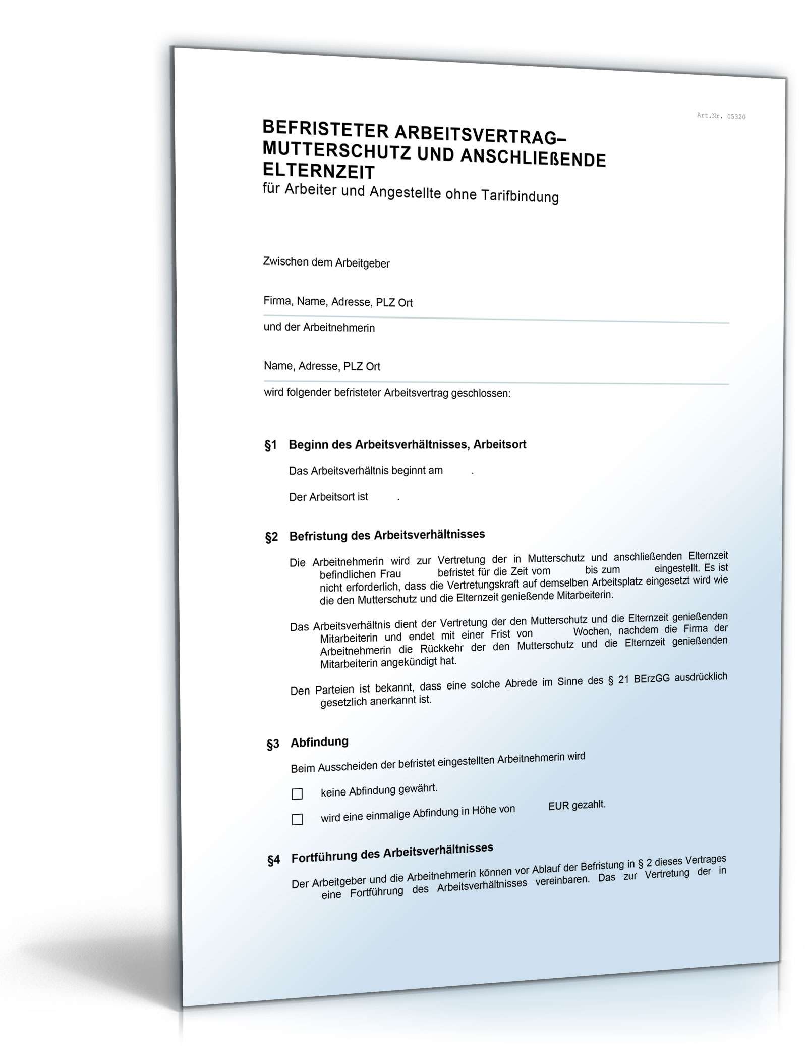 Befristeter Arbeitsvertrag Mutterschutz Elternzeit ohne Tarif Word