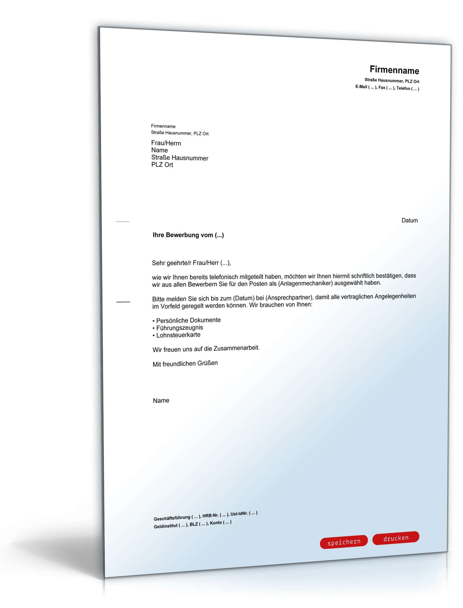 Einstellungszusage mit Bitte persönliche Unterlagen