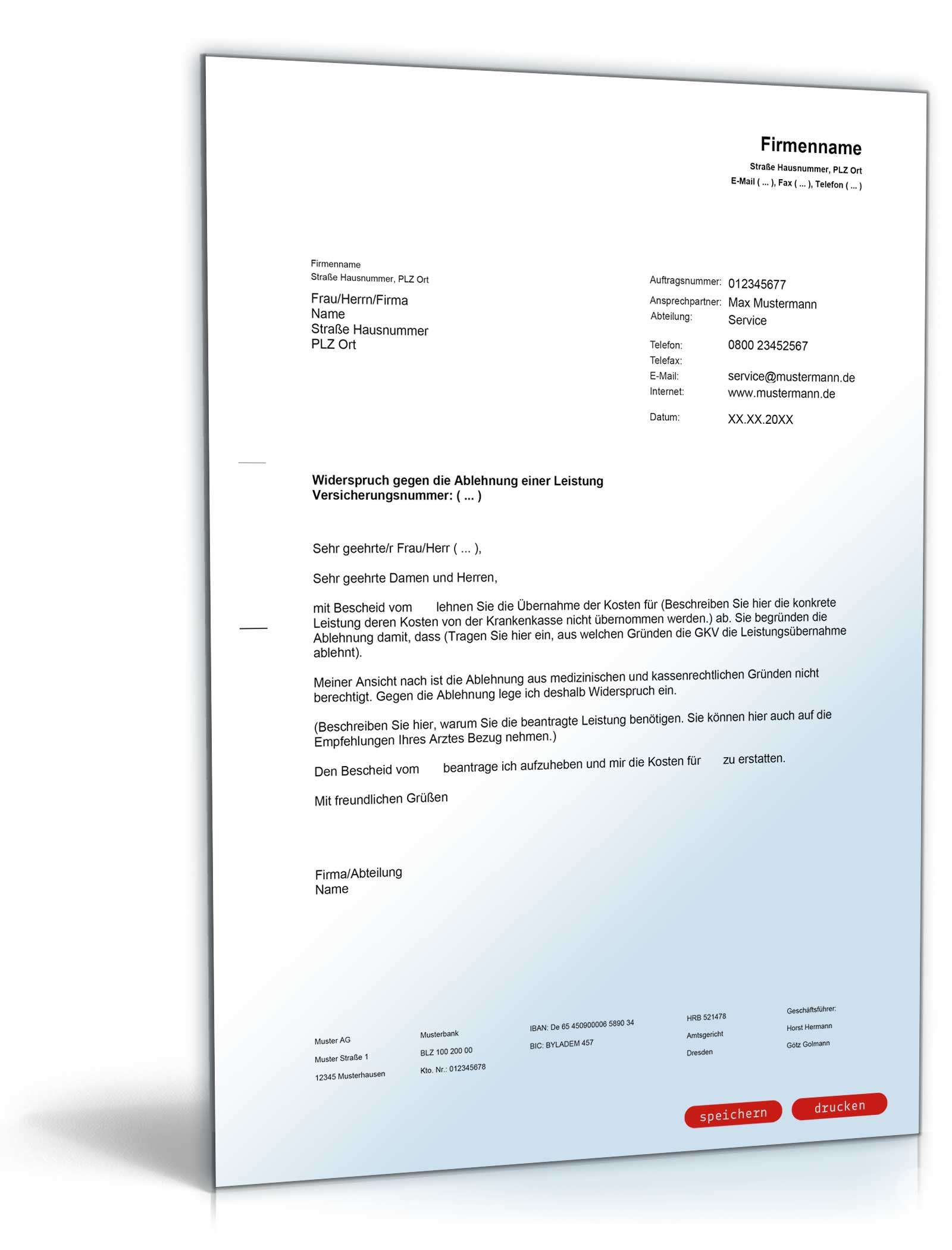 Widerspruch gegen Ablehnung durch Gesetzliche Krankenversicherung PDF