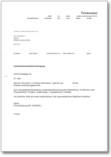 Unbedenklichkeitsbescheinigung Inanspruchnahme Therapie Word