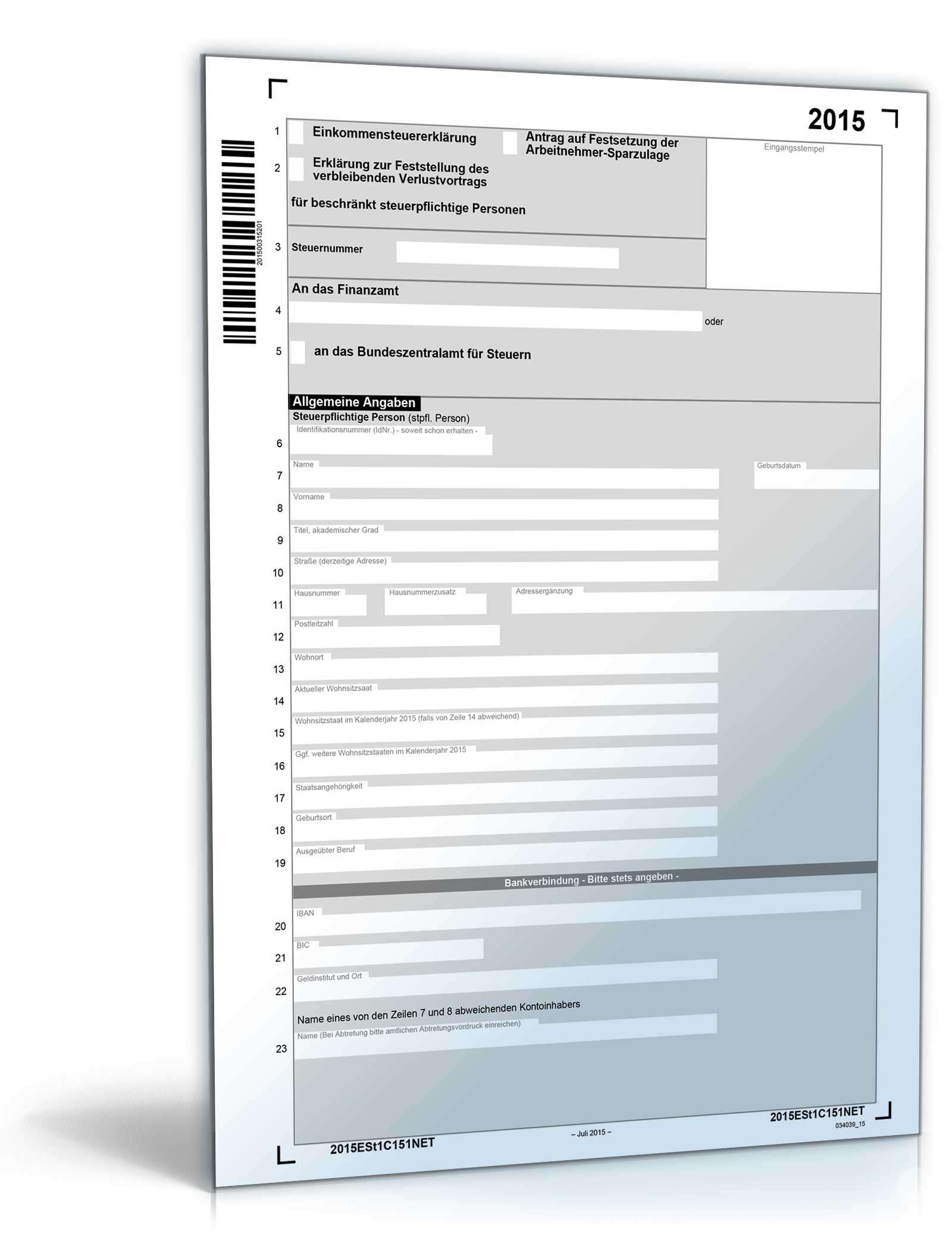 Einkommensteuererklärung für beschränkt Steuerpflichtige 2015 PDF