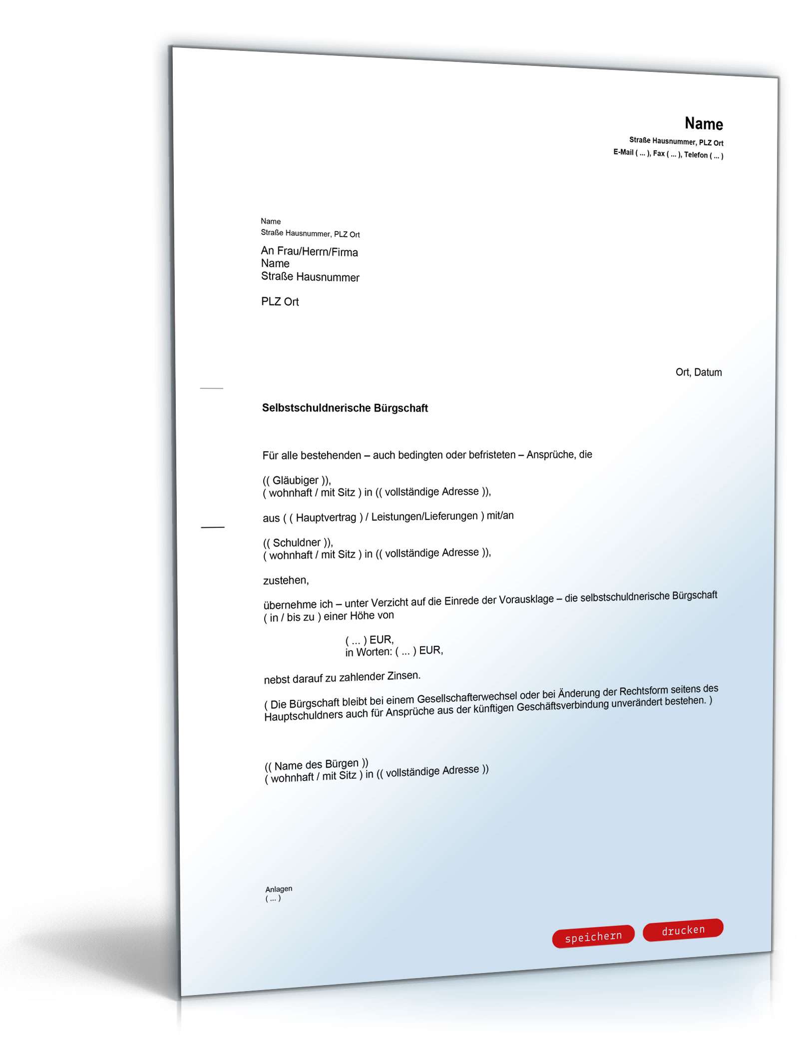 Selbstschuldnerische Bürgschaft (als Brief) PDF