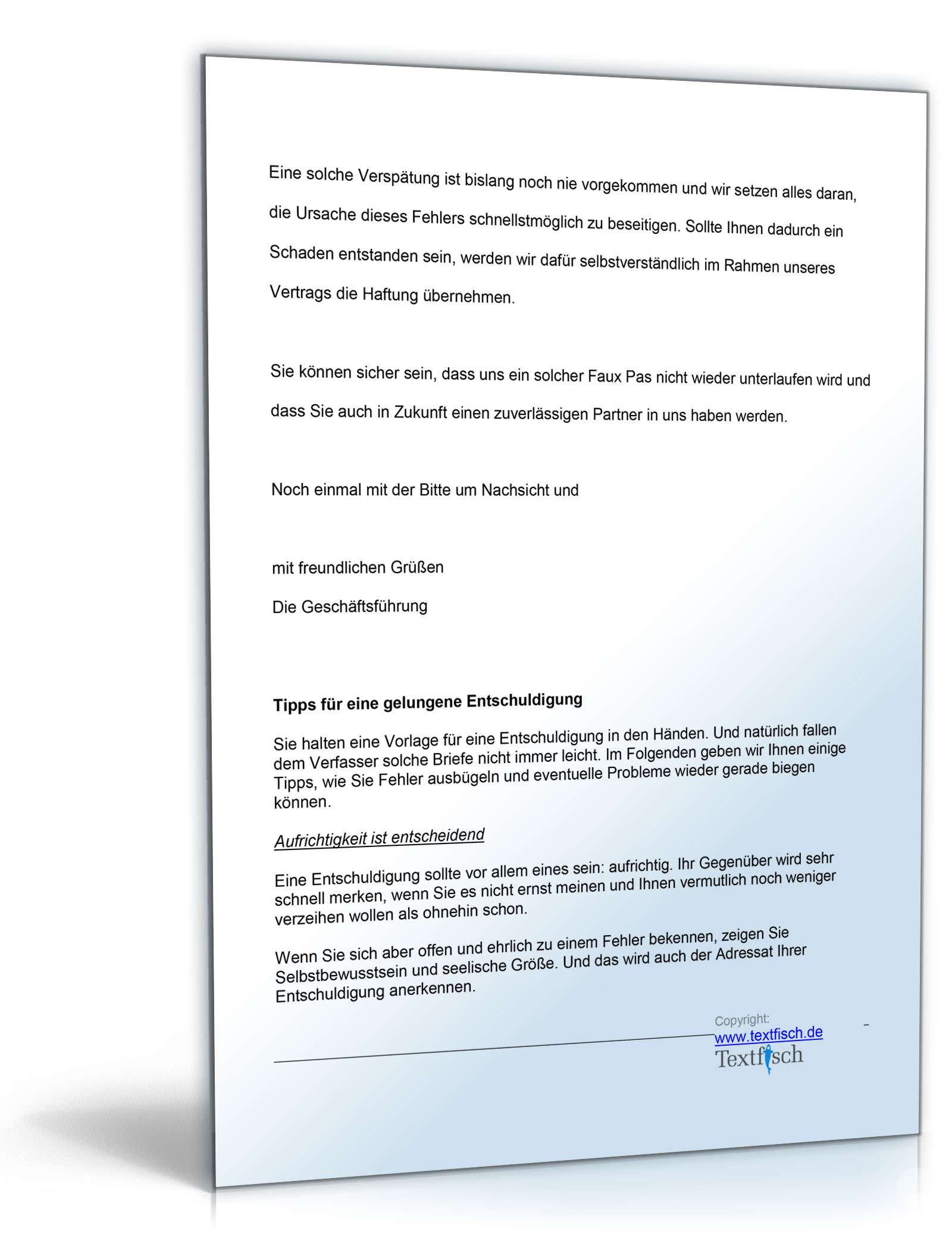 Entschuldigung verspätete Lieferung Produkt Word. Seite: 3