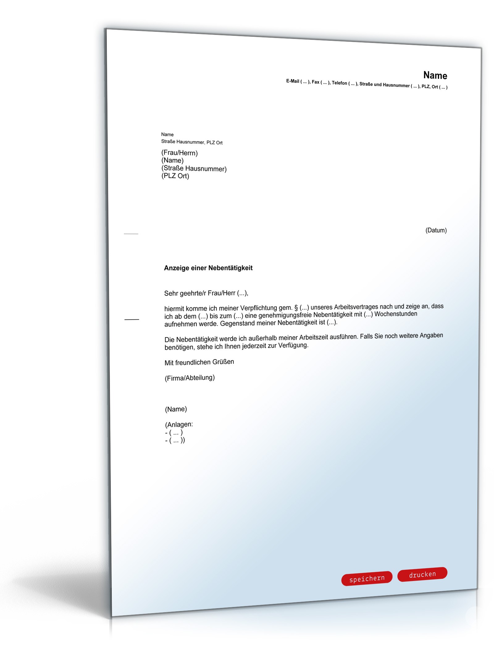 Antrag auf Genehmigung einer Nebentätigkeit Word