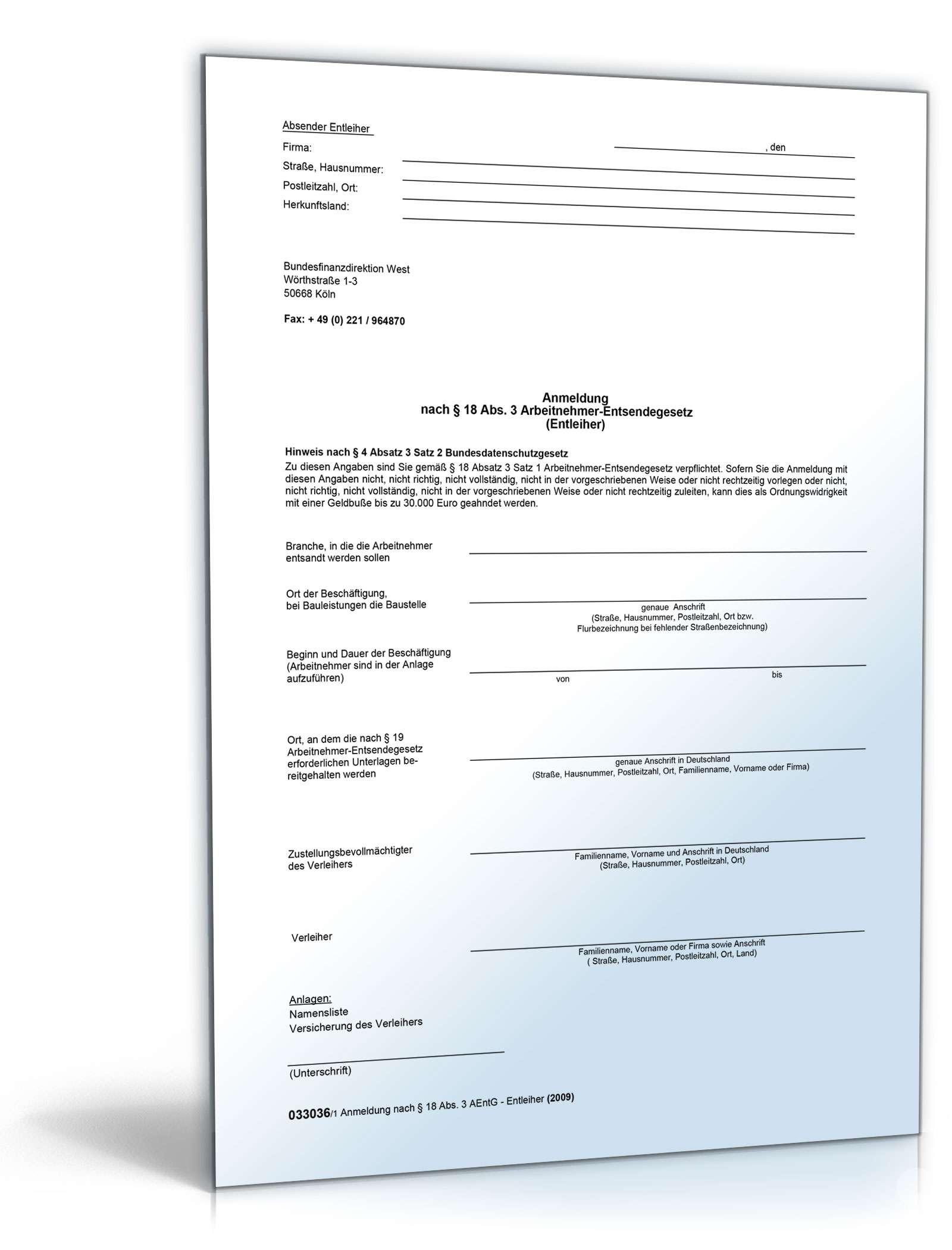 Anmeldung nach § 18 Abs. 3 Arbeitnehmerentsende-Gesetz PDF