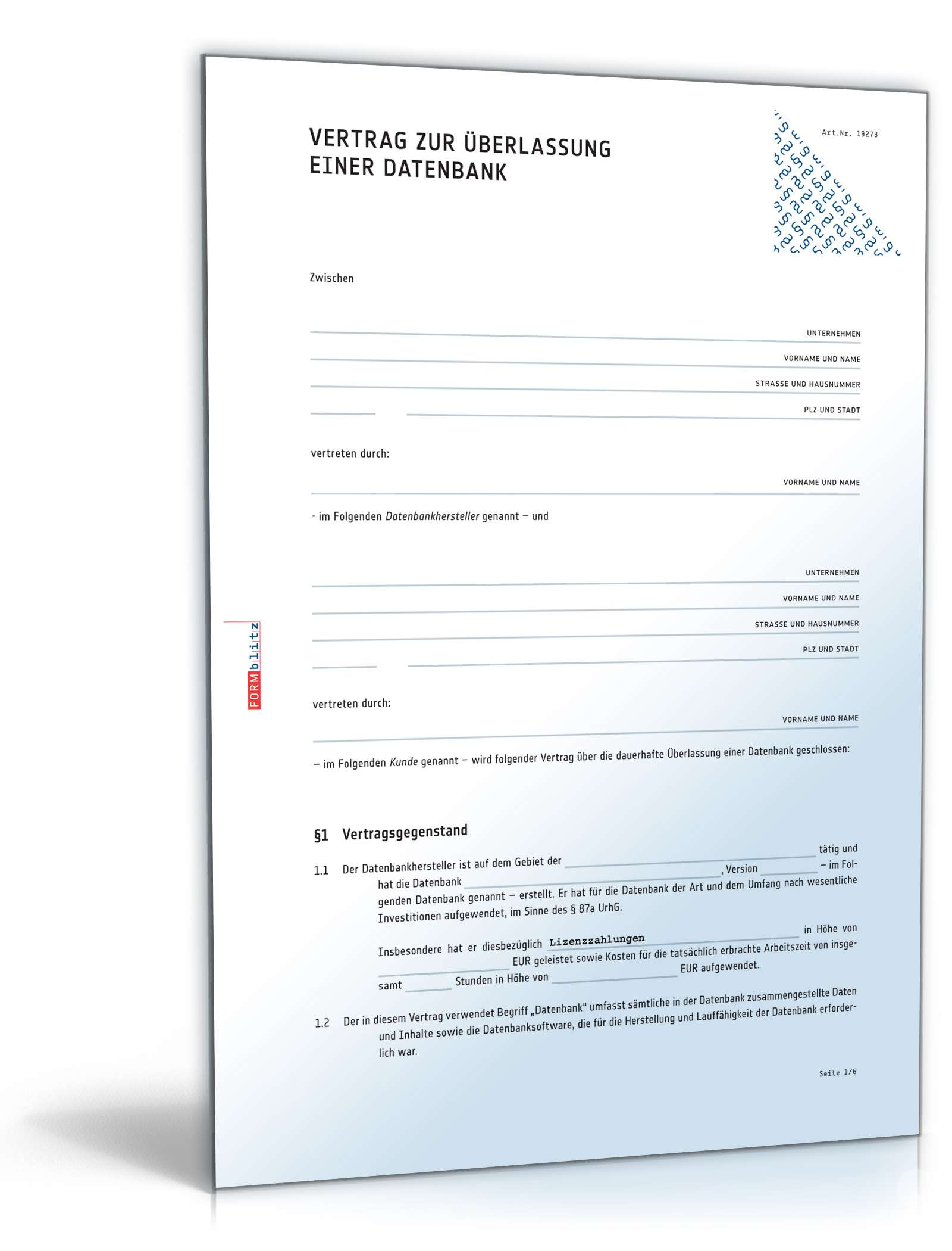 Vertrag Überlassung einer Datenbank PDF