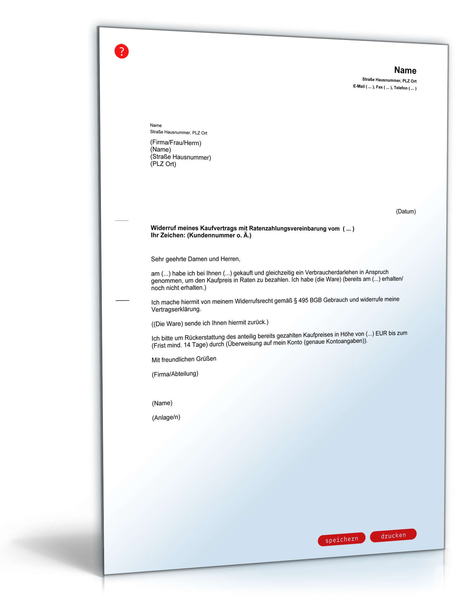 Widerruf eines Kaufvertrages mit Ratenzahlungsvereinbarung PDF