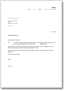 Zurückweisung einer Rechnung für einen Kostenvoranschlag Word