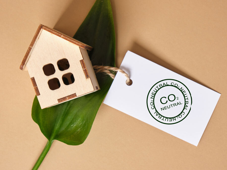 Ein Miniatur-Haus und ein Blatt stehen symbolisch für die co2 Abgabe.