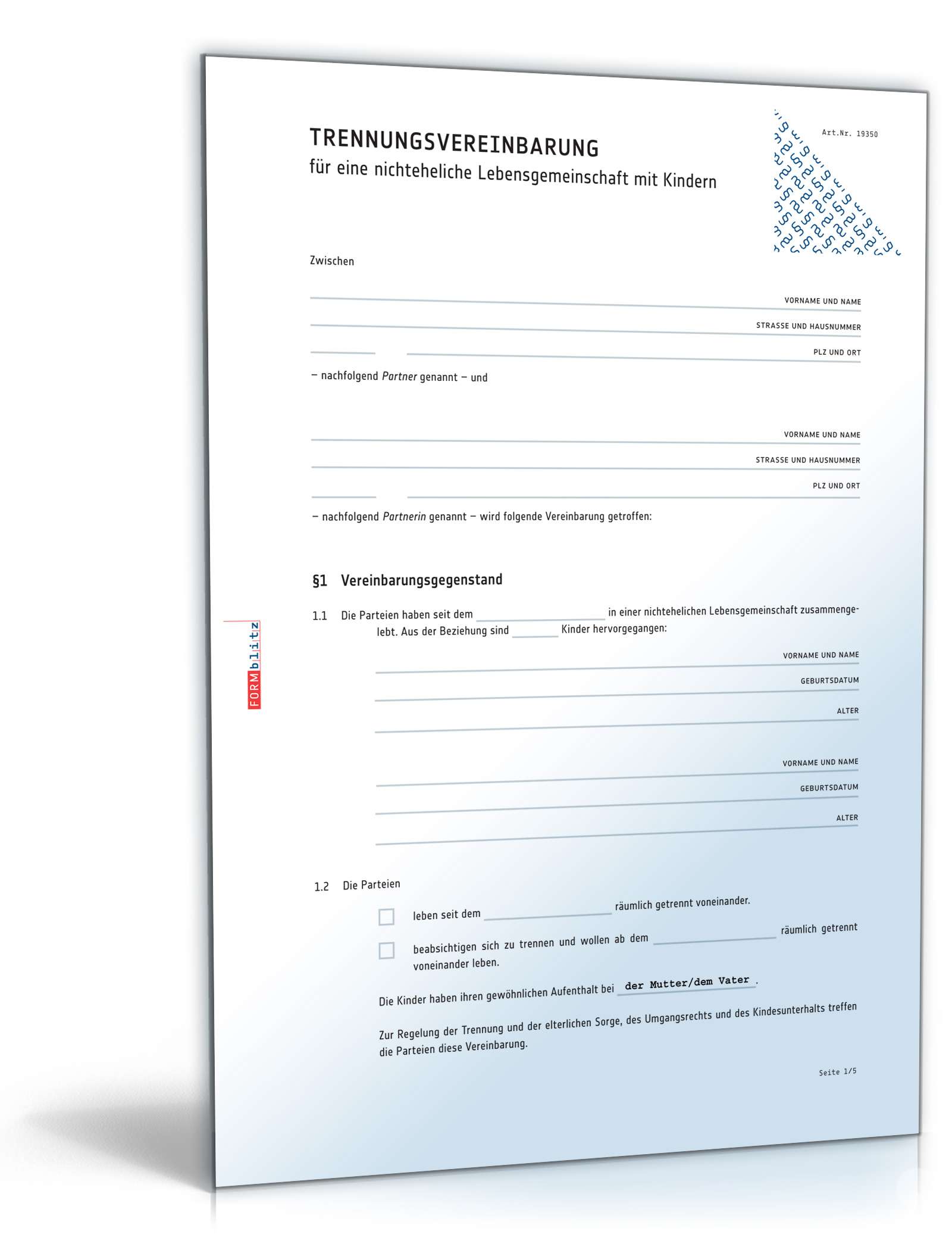 Trennungsvereinbarung mit Kindern (unverheiratet)